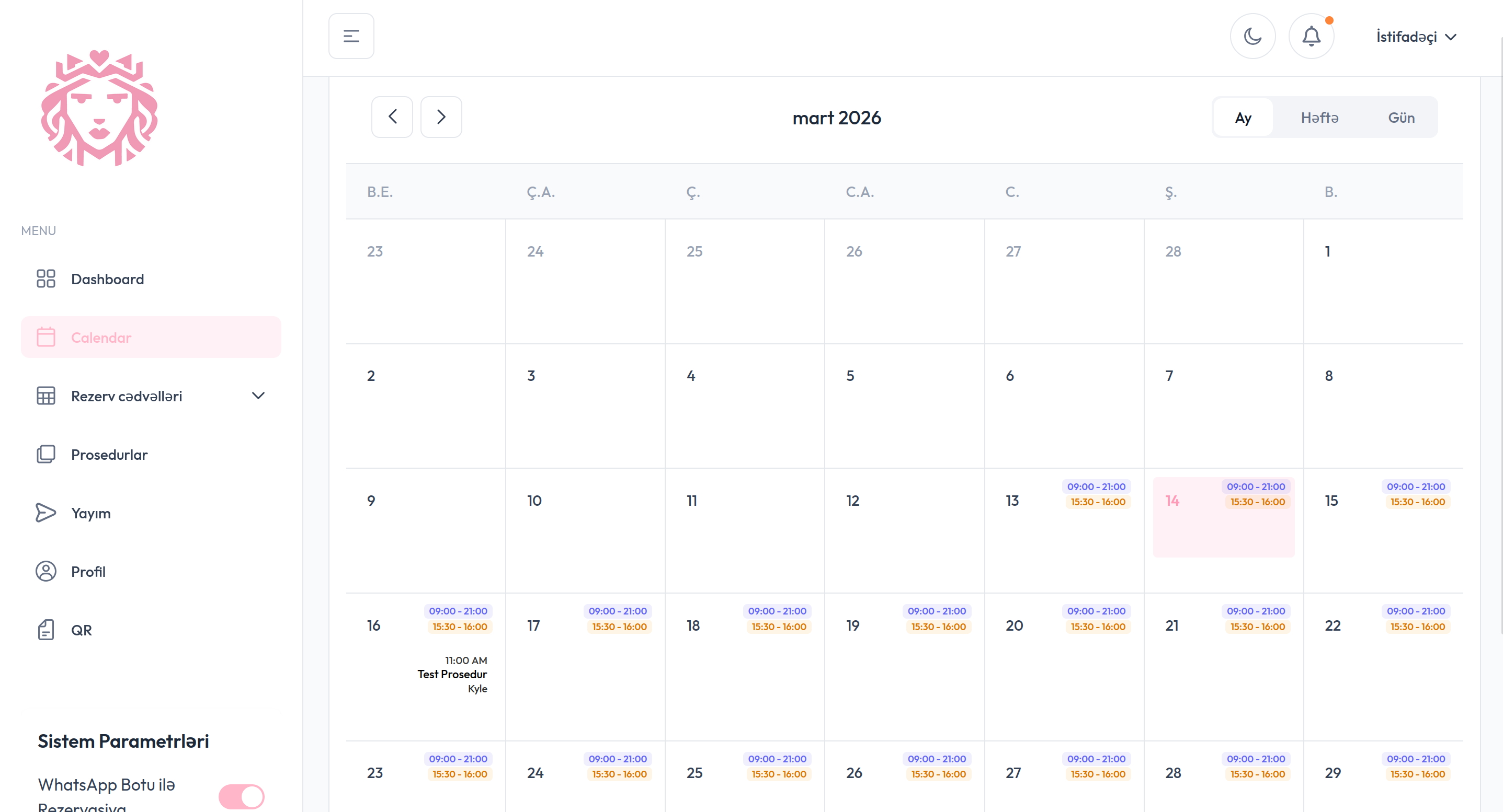 Rezervasiya təqvimi aylıq görünüş
